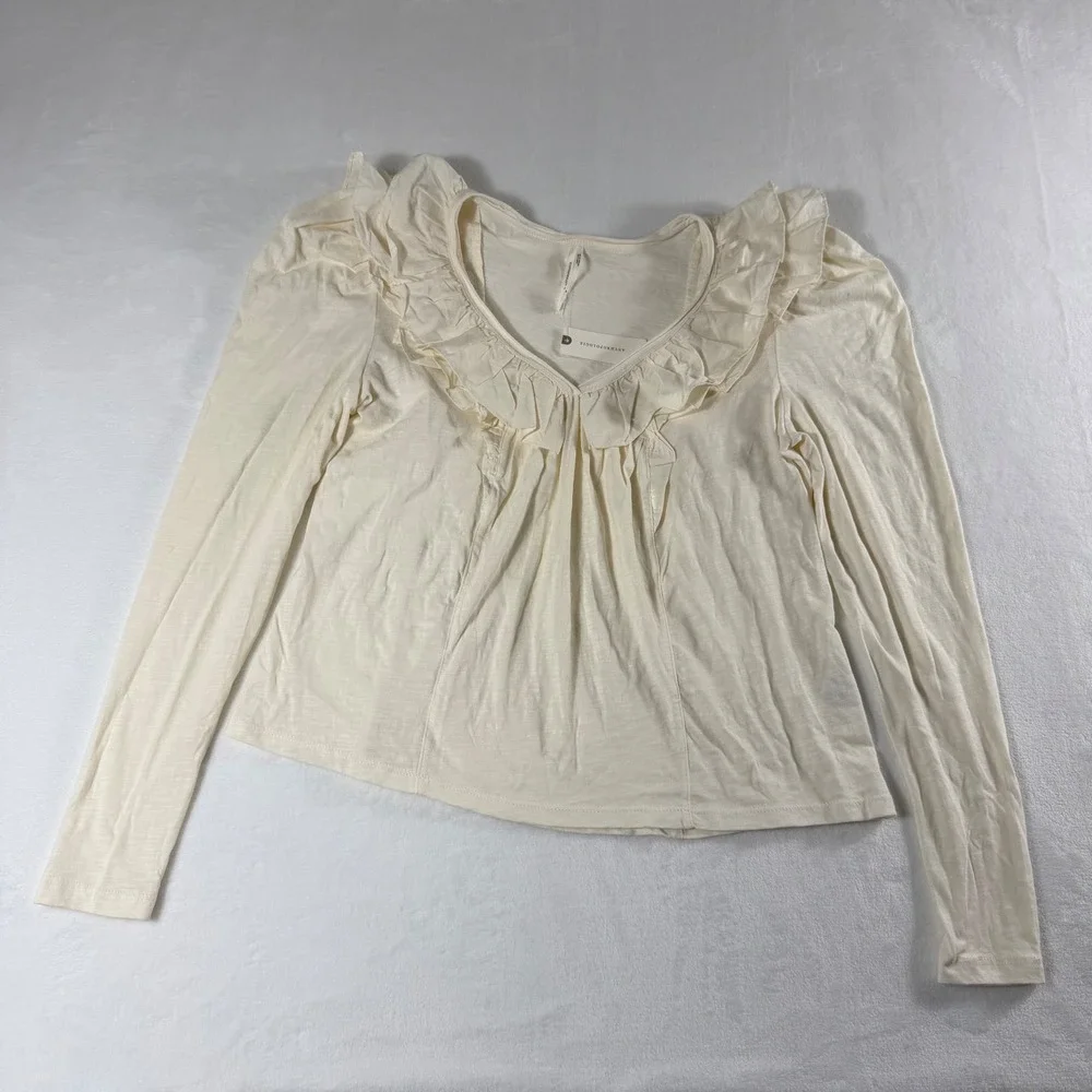 Anthropologie Ruffle V-Neck Puff Sleeve Top Womens M Cream Cottagecore New*